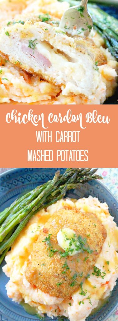 Chicken Cordon Bleu with Carrot Mashed Potatoes, Roasted Asparagus and Dijon Maple Sauce (ad)
