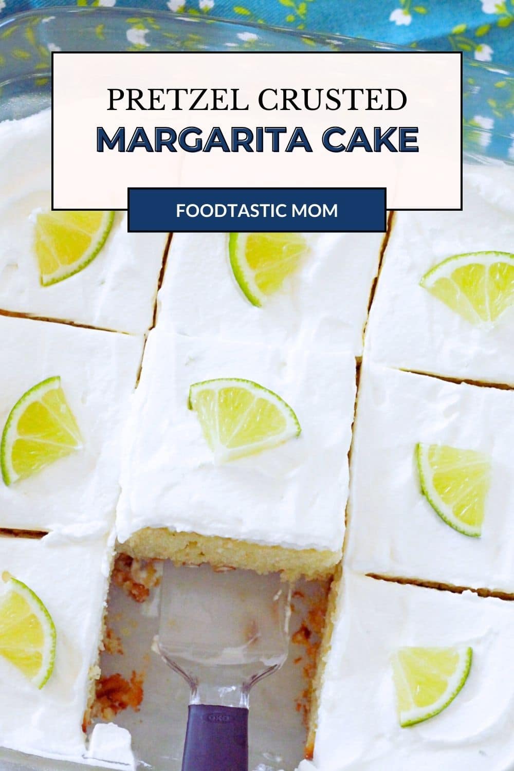 This pretzel crusted margarita cake is the perfect end to any fun fiesta. It combines a salty caramel pretzel crust with a lime flavored white cake topped with fresh lime whipped cream for a non-alcoholic dessert to satisfy your margarita craving. via @foodtasticmom