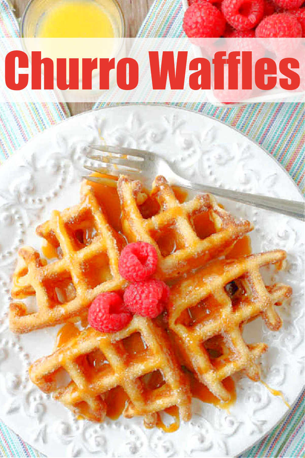 Churro Waffles are brushed with melted butter, coated in cinnamon sugar and drizzled with caramel sauce for an amazing treat any time of day. via @foodtasticmom