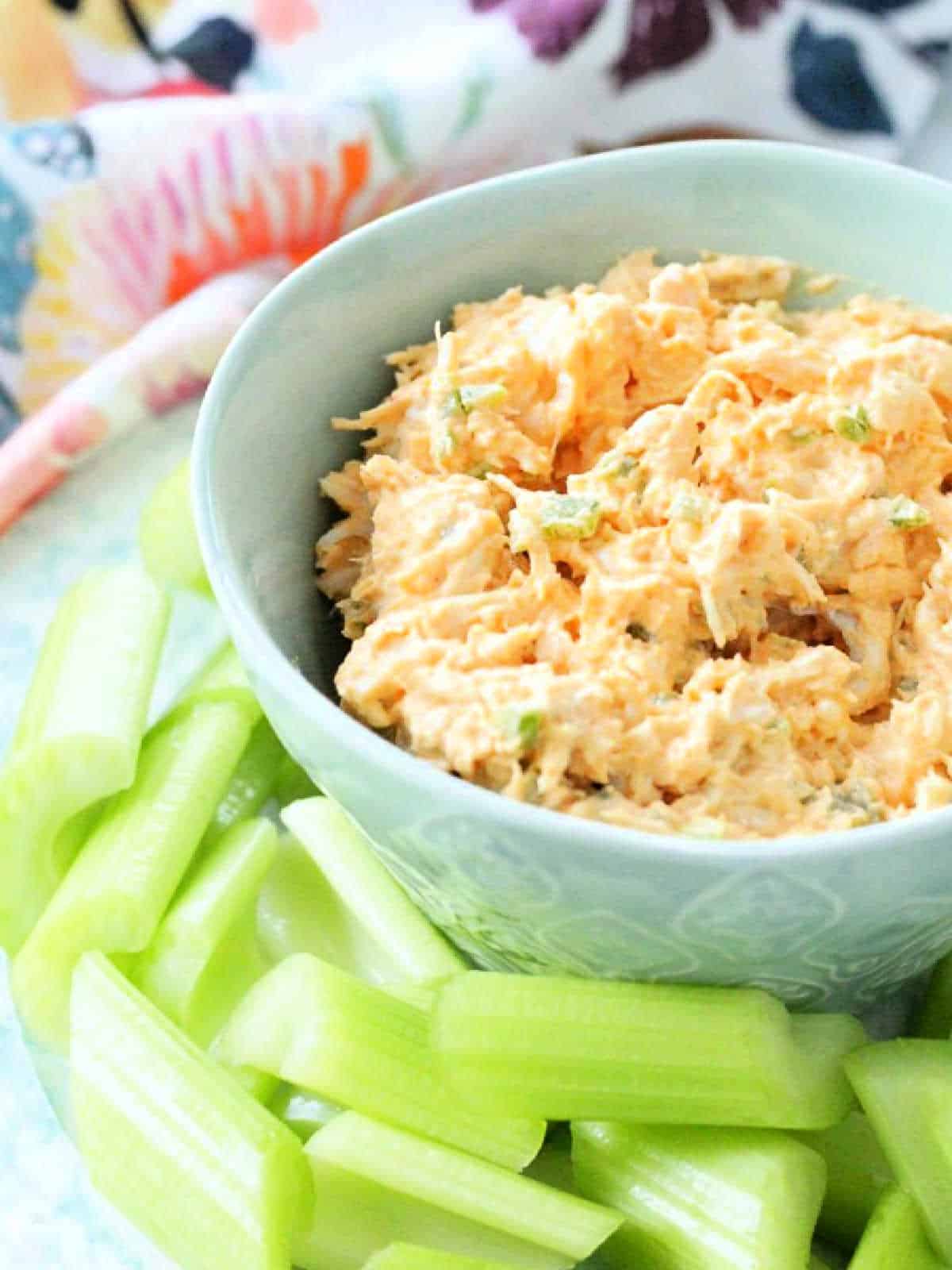 a side angle close up of the turquoise bowl filled with buffalo chicken dip