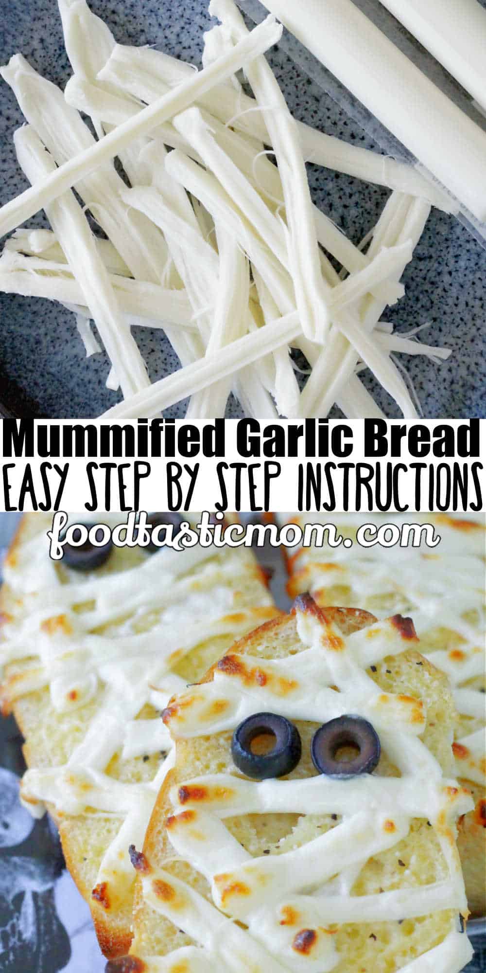 This Mummified Garlic Bread is a tasty and super simple way to dress up your dinner table for Halloween. via @foodtasticmom