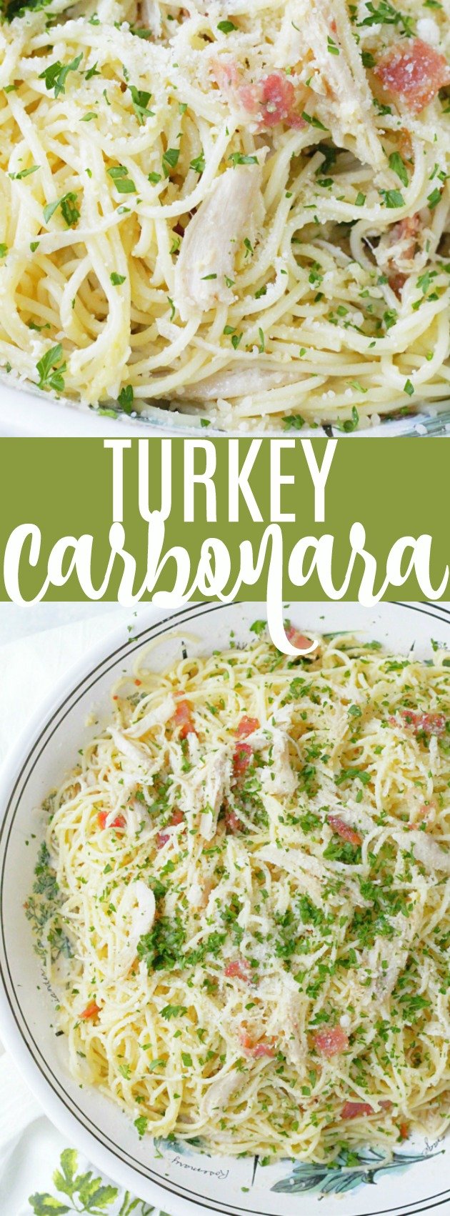 Turkey Carbonara - use up that leftover Thanksgiving turkey! #ohioeggs #ad #thanksgivingleftovers #turkeyrecipes #turkeycarbonara #pastarecipes via @foodtasticmom