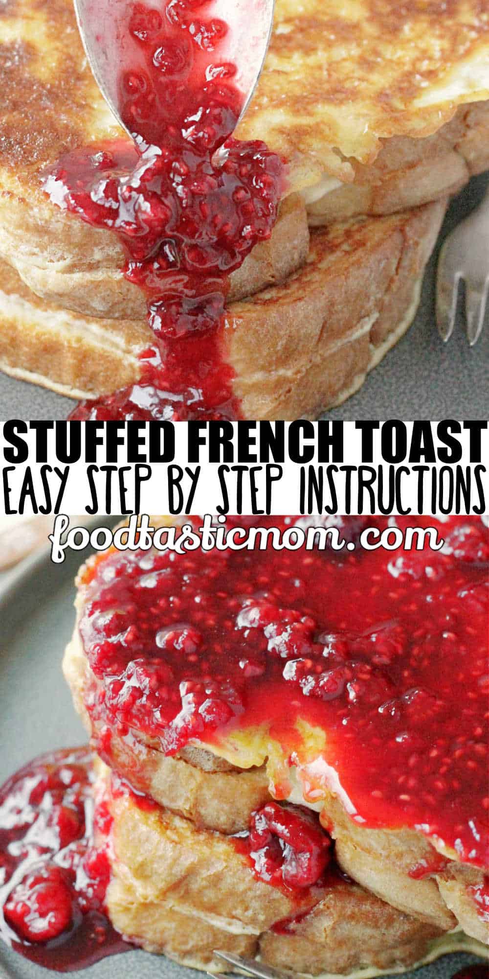 Stuffed French Toast has sweet cream cheese filling between slices of brioche and is topped with homemade raspberry syrup. It's perfect for Christmas morning breakfast! via @foodtasticmom