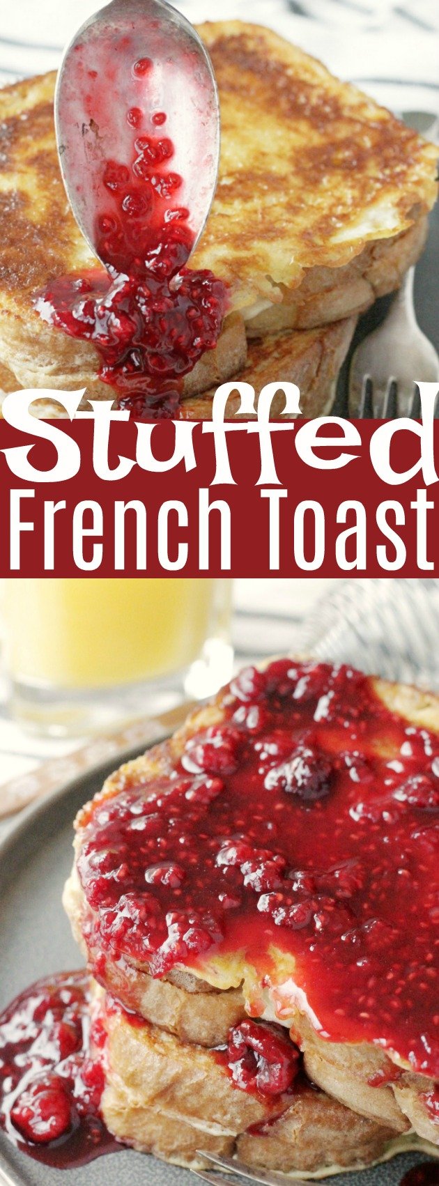 Stuffed French Toast has sweet cream cheese filling between slices of brioche and is topped with homemade raspberry syrup. It's perfect for Christmas morning breakfast! via @foodtasticmom