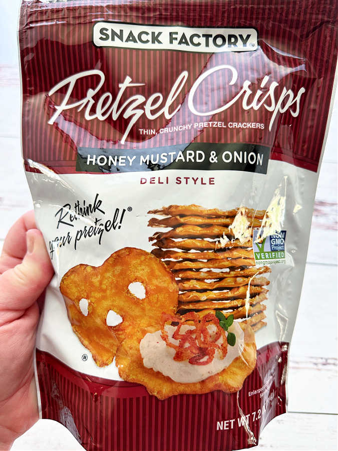 honey mustard and onion pretzel crisps for dipping in the Jarlsberg cheese dip