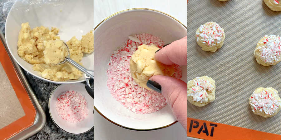 showing step by step instructions for how to bake white chocolate peppermint cookies