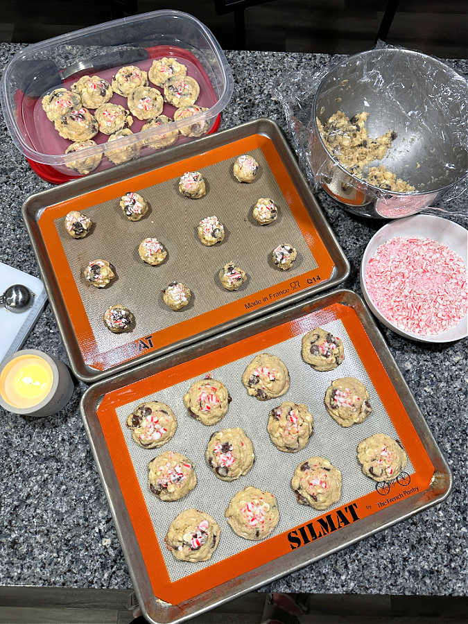 baking the cookies with dark chocolate chips