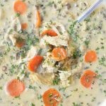 slow cooker beer cheese chicken and wild rice soup top view