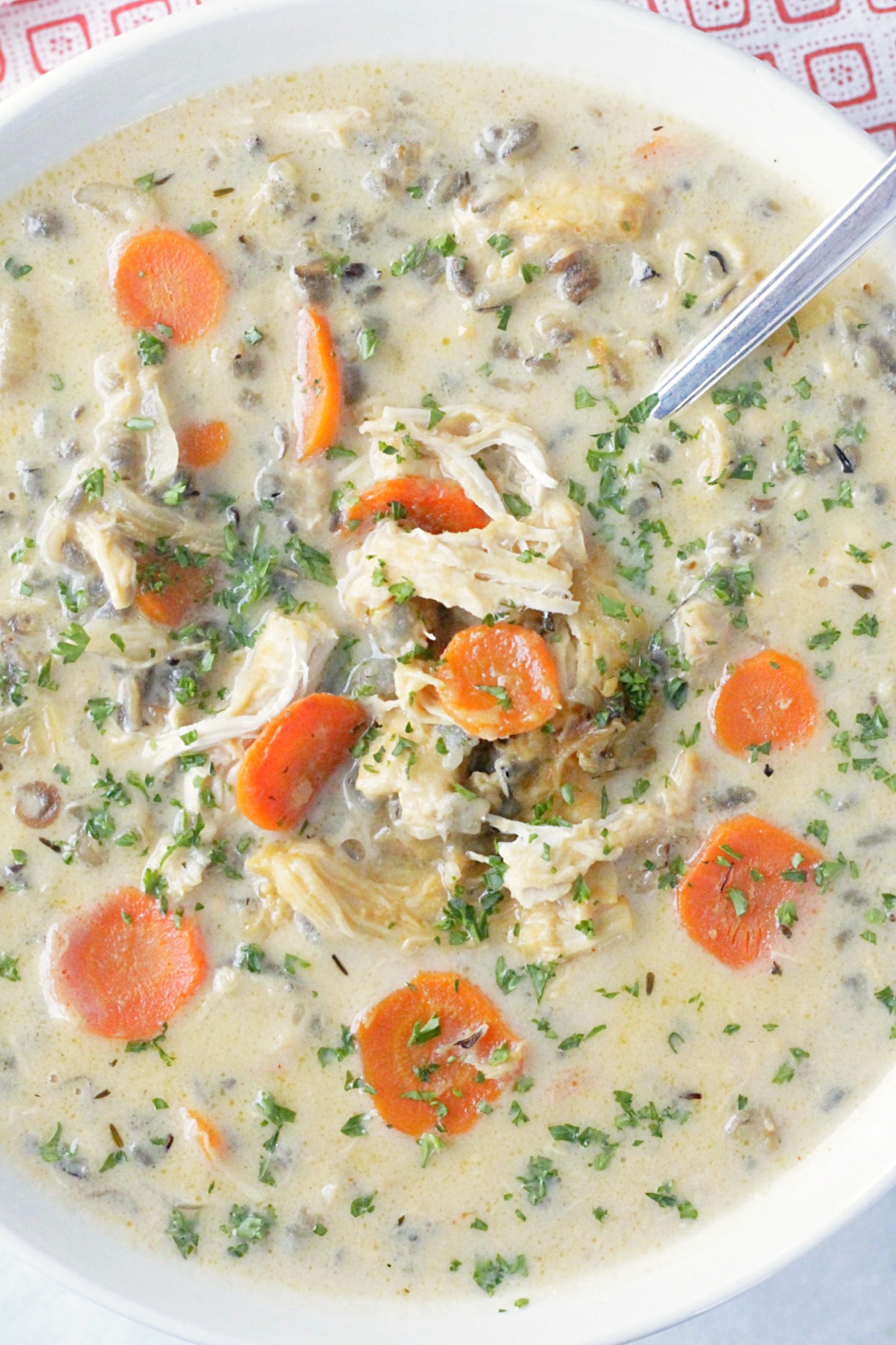 slow cooker beer cheese chicken and wild rice soup top view