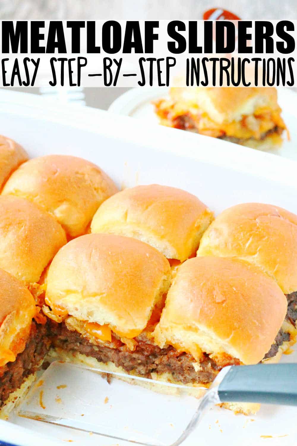 Serve these meatloaf sliders at your next party and everyone will be asking you for the recipe. Made with a unique way of baking the meatloaf seasoned burger and topped with french fried onions, cheddar and a sweet and tangy sauce. via @foodtasticmom