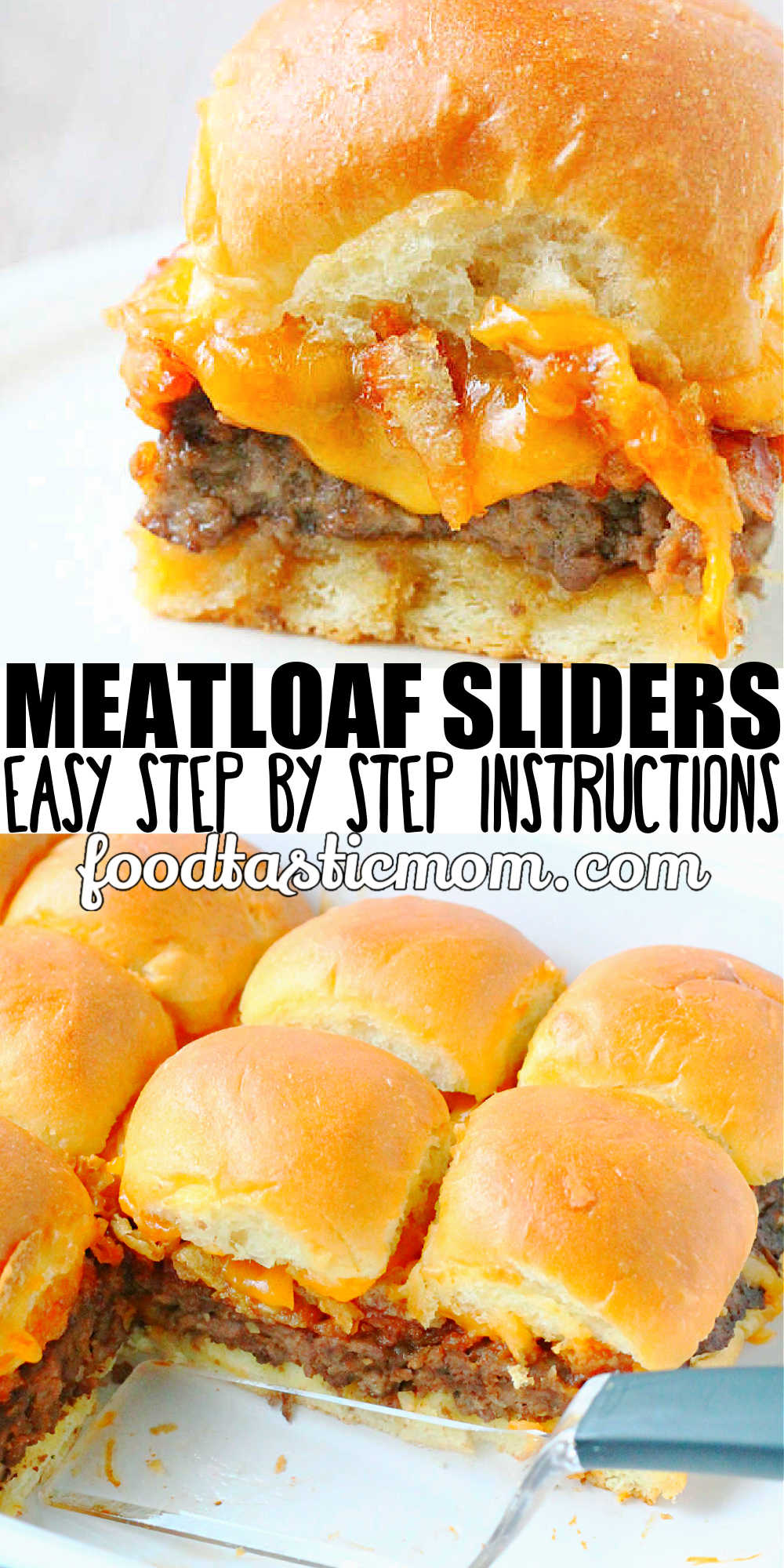 Serve these meatloaf sliders at your next party and everyone will be asking you for the recipe. Made with a unique way of baking the meatloaf seasoned burger and topped with french fried onions, cheddar and a sweet and tangy sauce. via @foodtasticmom