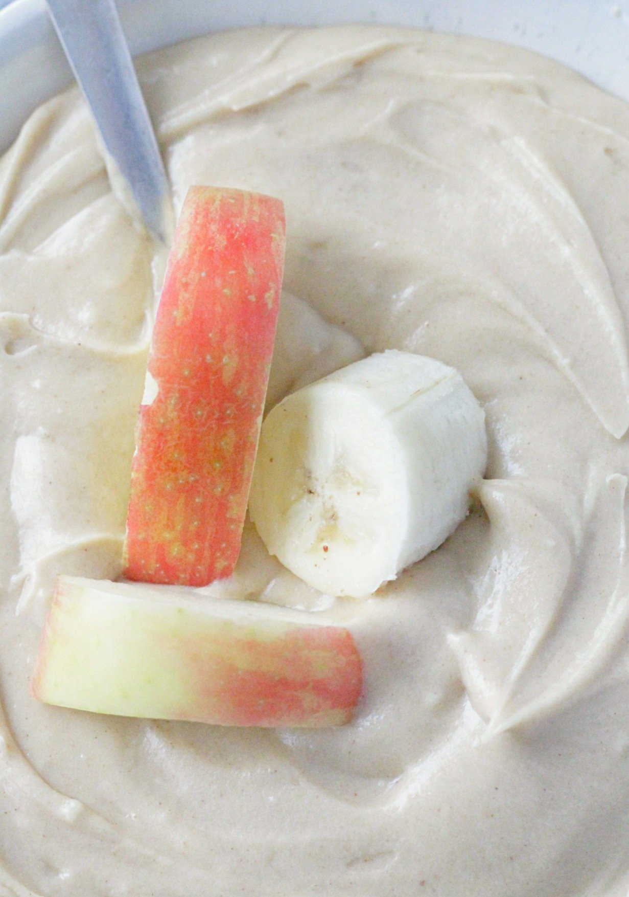 peanut butter dip with apples and bananas