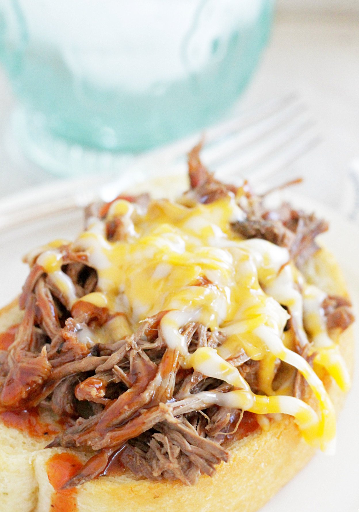 cook once eat all week with shredded beef close up of bbq buffalo open faced sandwich