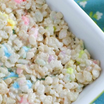 overhead view of dish of st. patrick's day krispie treats