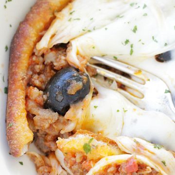 pizza pot pie close up and cut with fork