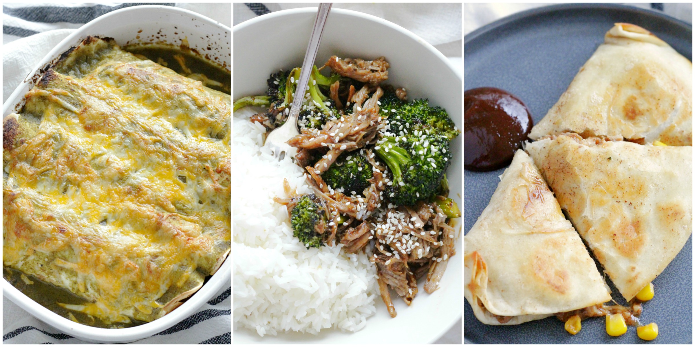 collage of pulled pork recipes - pork enchiladas, pork teriyaki bowls, bbq pork quesadillas