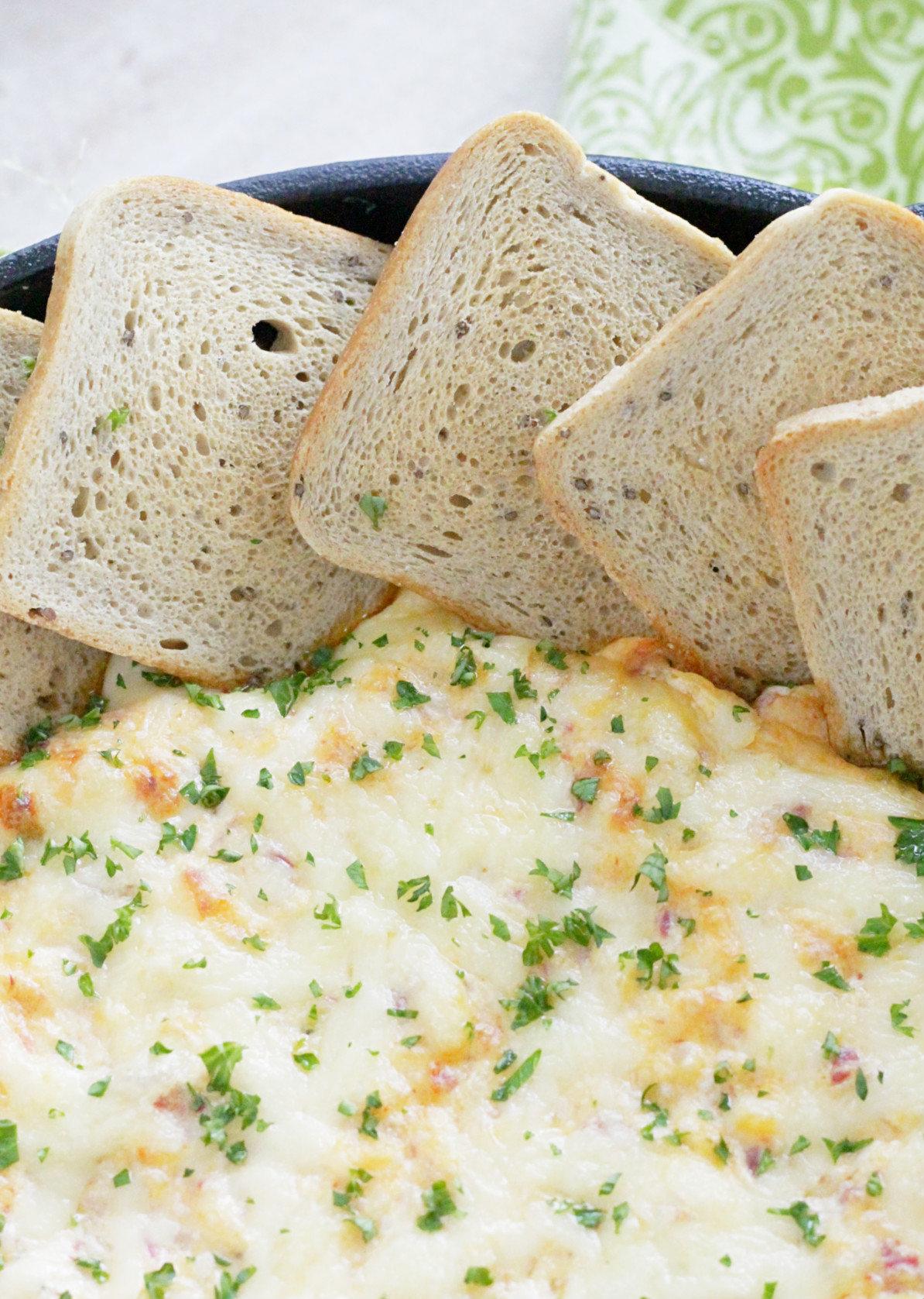 close up view of ultimate reuben dip