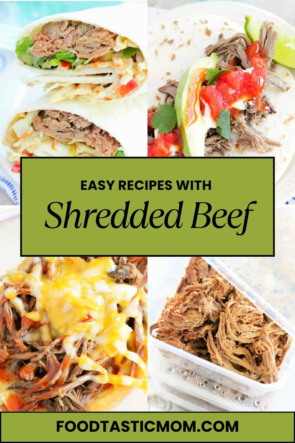 Get my easy recipe for slow cooked shredded beef. And then three easy recipes to make with it - sandwiches, wraps and tacos. via @foodtasticmom