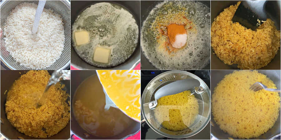 step by step photos showing how to make turmeric rice