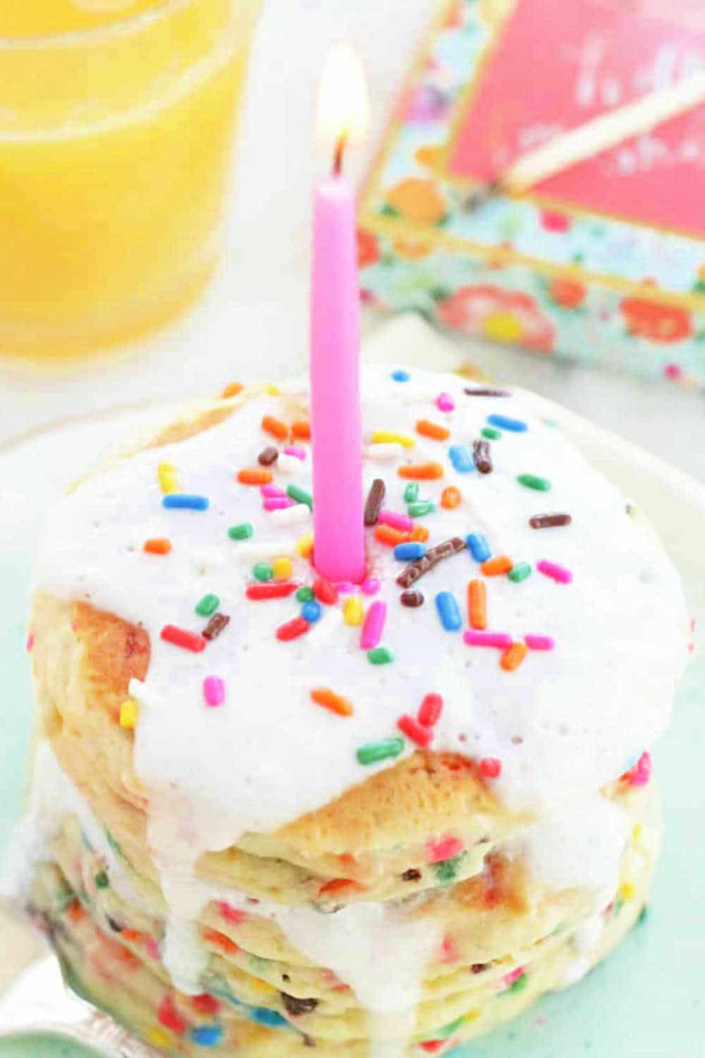 My birthday cake pancakes are also known as funfetti pancakes. Pancake batter plus rainbow sprinkles equals birthday celebration. via @foodtasticmom