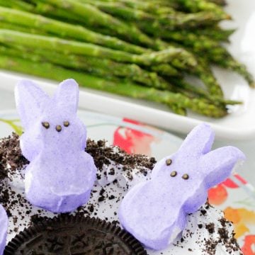OREO ice cream cake with lavender marshmallow bunnies and roasted asparagus in background