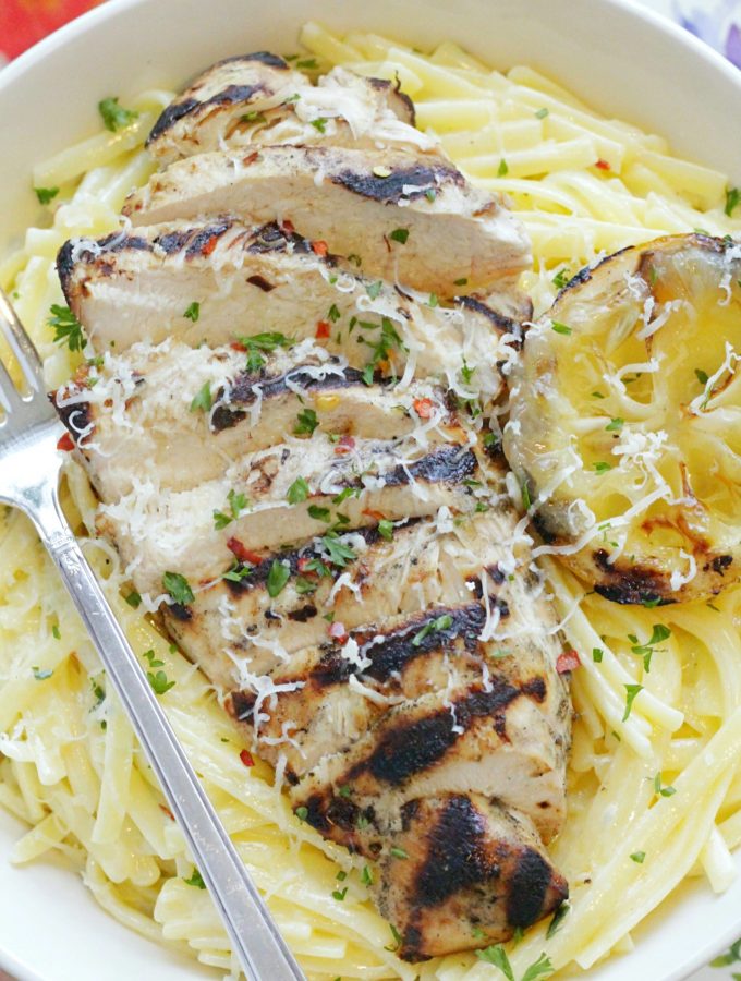 grilled lemon chicken Alfredo in a bowl