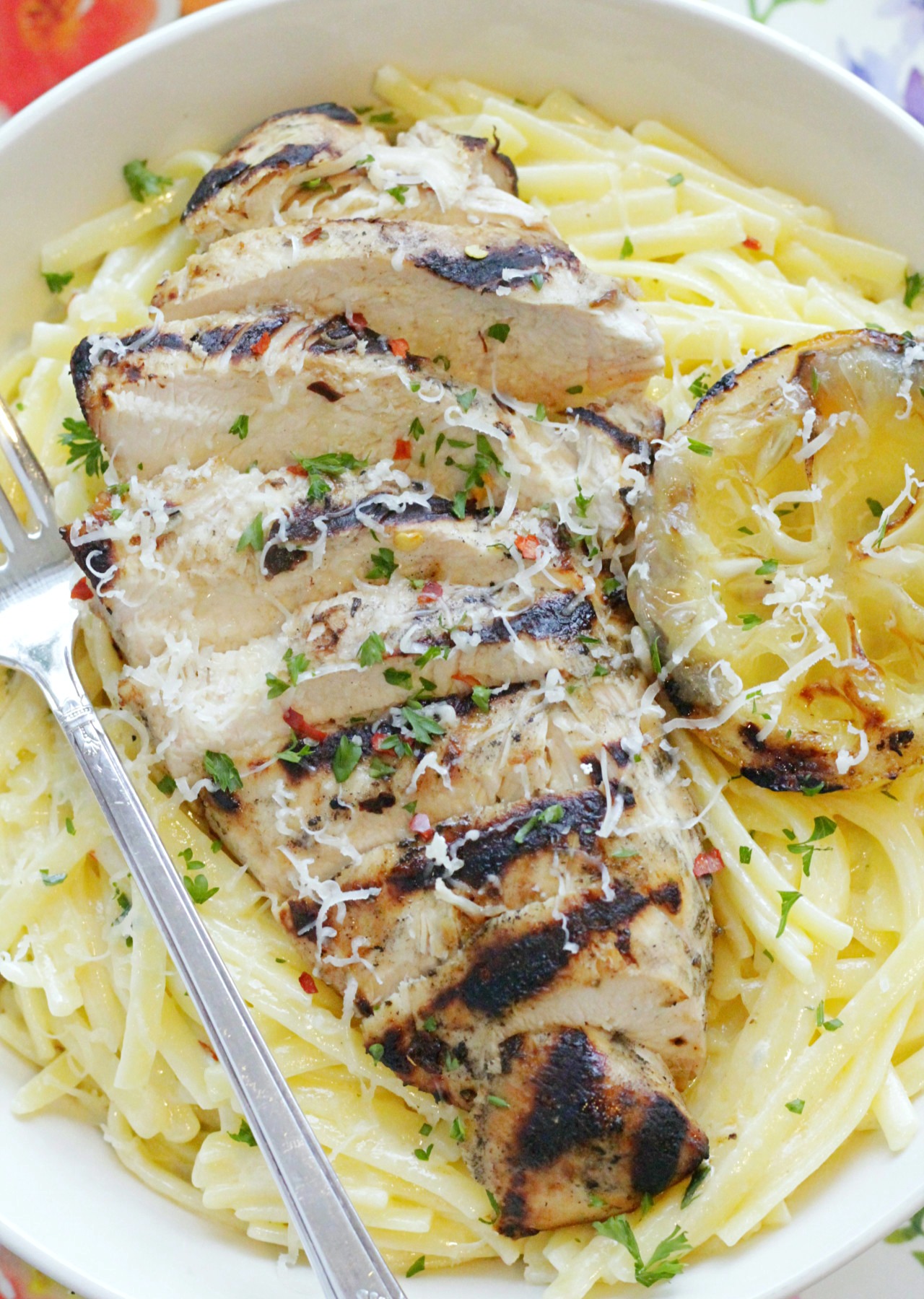 grilled lemon chicken Alfredo in a bowl