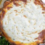 top view of skillet shepherd's pie in the skillet fresh out of the oven