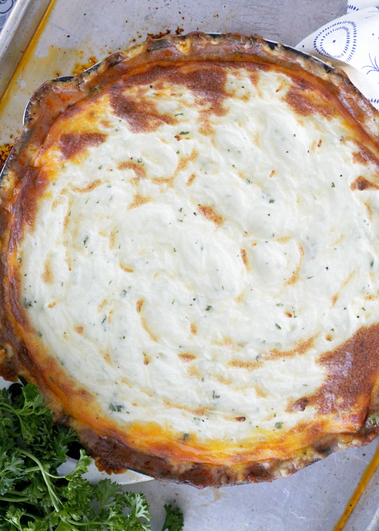 top view of skillet shepherd's pie in the skillet fresh out of the oven