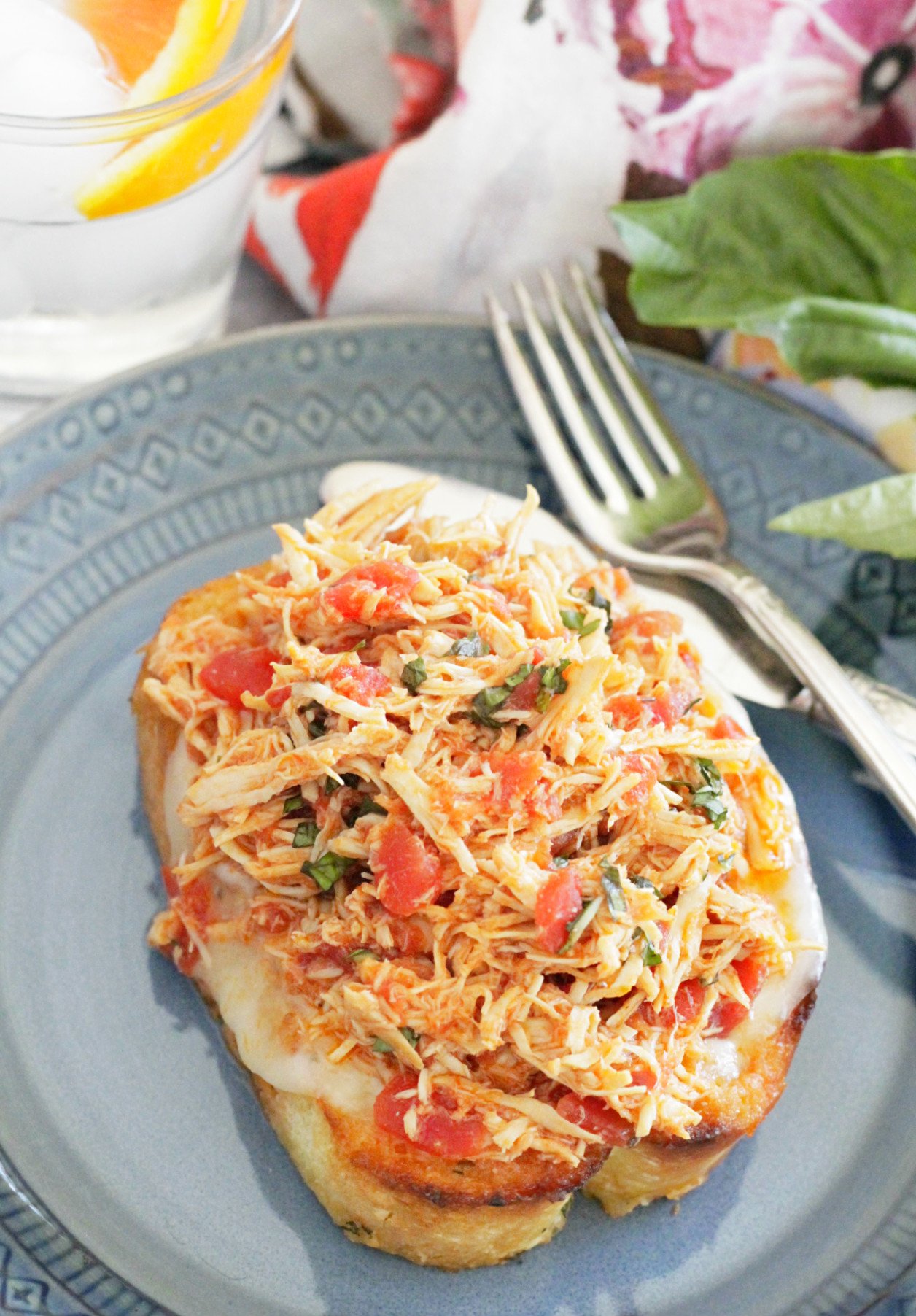 top view of open faced slow cooker italian chicken sandwich