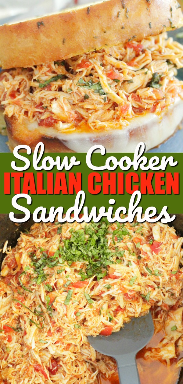 These Slow Cooker Italian Chicken Sandwiches have a fresh tomato flavor even when tomatoes aren't in season. Slow cooked Italian-flavored chicken is piled high on toasty garlic bread with melted Provolone cheese and fresh chopped basil. via @foodtasticmom