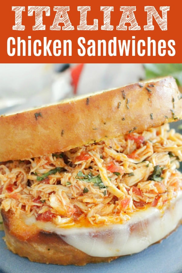 These Slow Cooker Italian Chicken Sandwiches have a fresh tomato flavor even when tomatoes aren't in season. Slow cooked Italian-flavored chicken is piled high on toasty garlic bread with melted Provolone cheese and fresh chopped basil. via @foodtasticmom