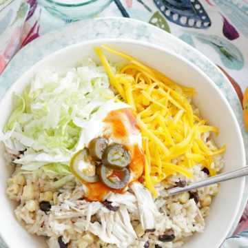 top view of simple chicken burrito bowls