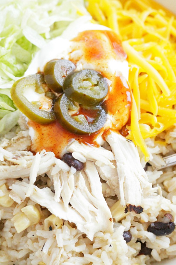 close up view of simple chicken burrito bowls