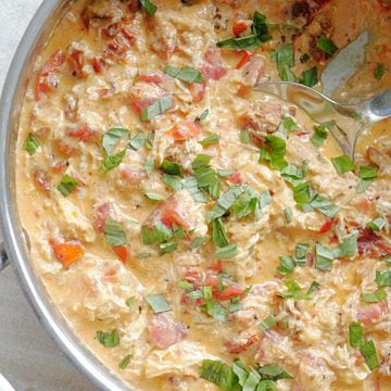 tuscan chicken pasta sauce in sauce pan overhead view