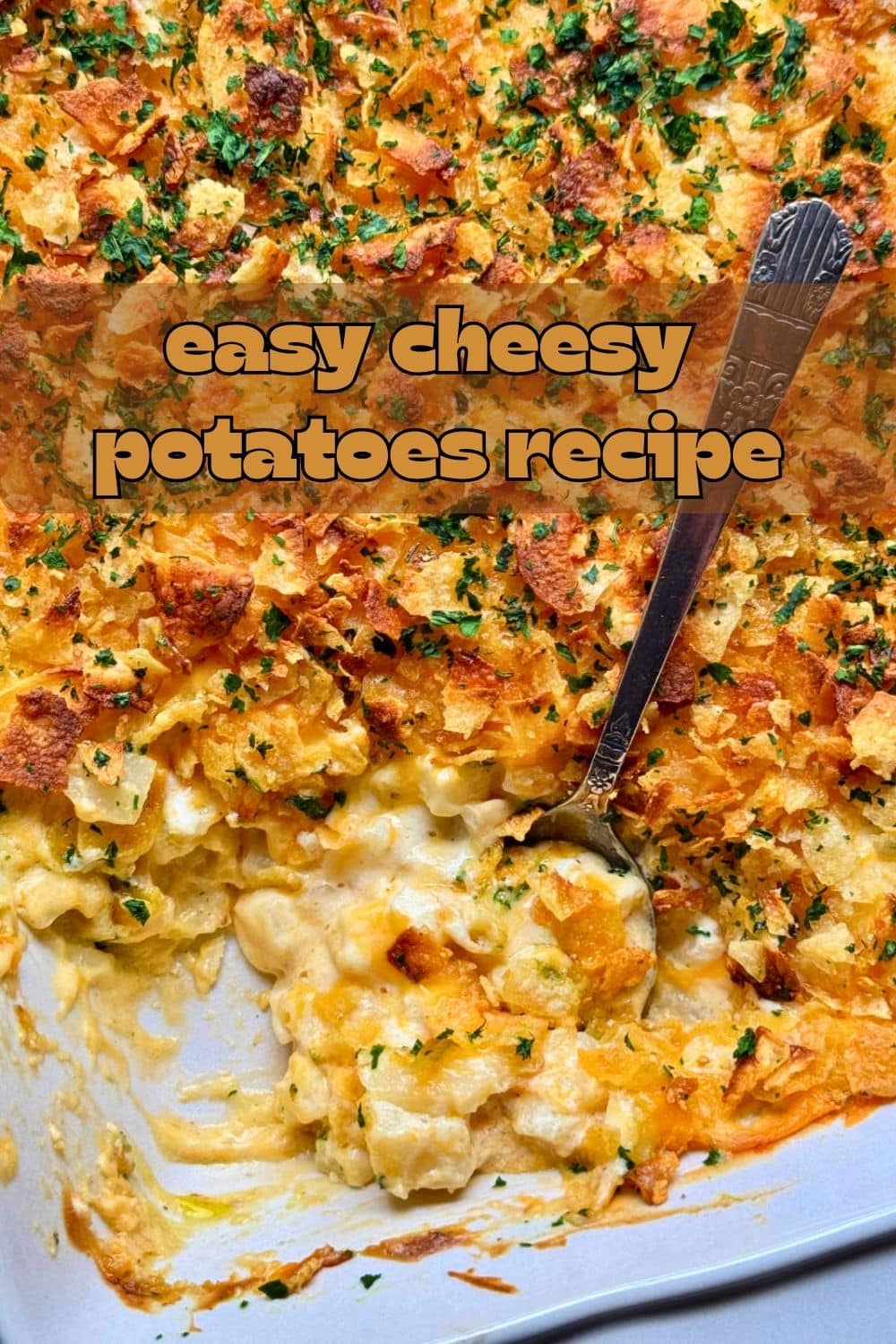 My easy cheesy potatoes casserole is a classic comfort food side dish. Tender diced potatoes in creamy sauce with a crunchy topping. via @foodtasticmom