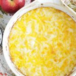 overhead view of macaroni and cheese in baking dish