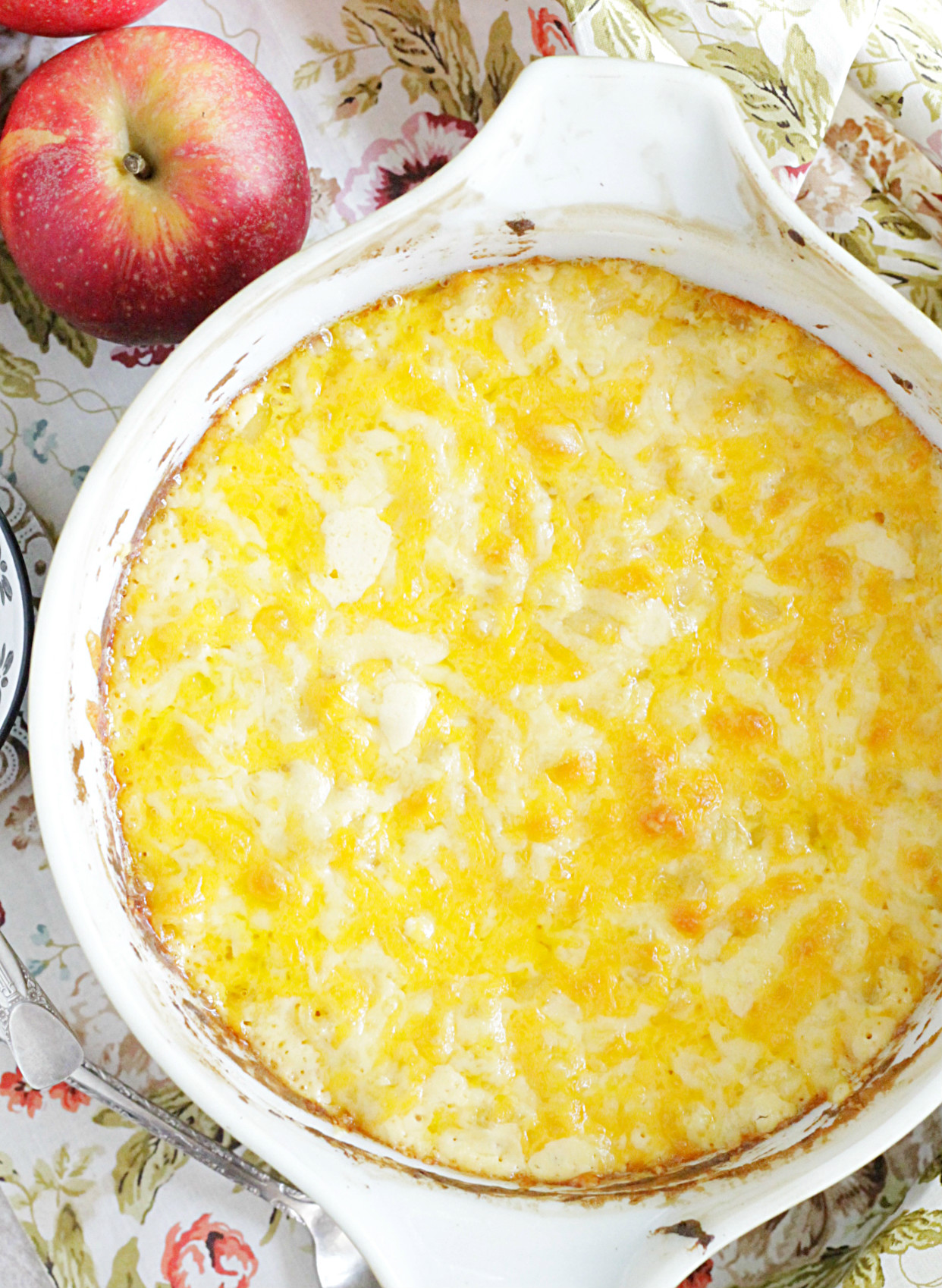 overhead view of macaroni and cheese in baking dish