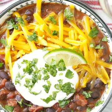 top view of wicked black bean and ghost pepper sausage soup