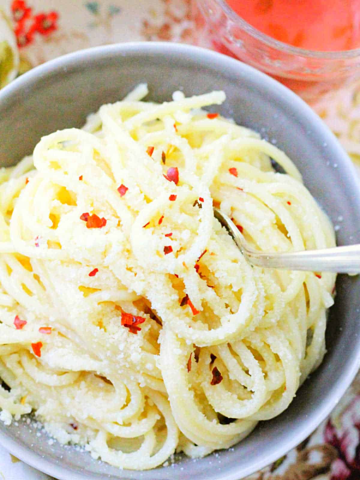 flat lay view of a bowl of butter pasta