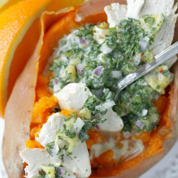 Creamy Chimichurri Chicken Stuffed Sweet Potatoes | Foodtastic Mom