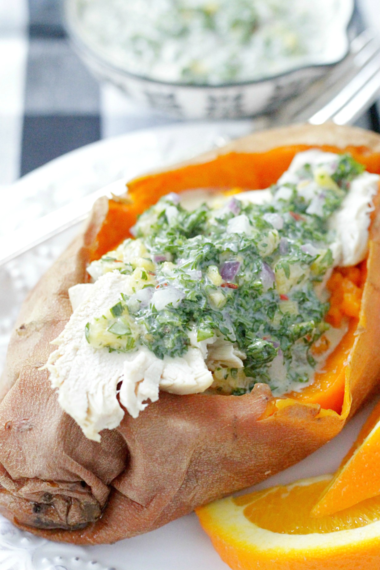 creamy chimichurri chicken stuffed sweet potatoes