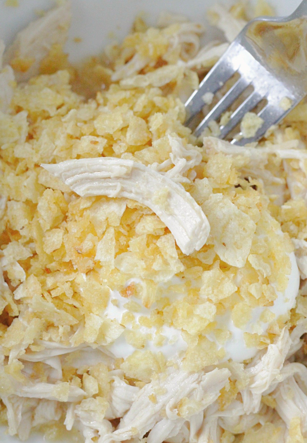 close up of shredded chicken with sour cream and potato chips
