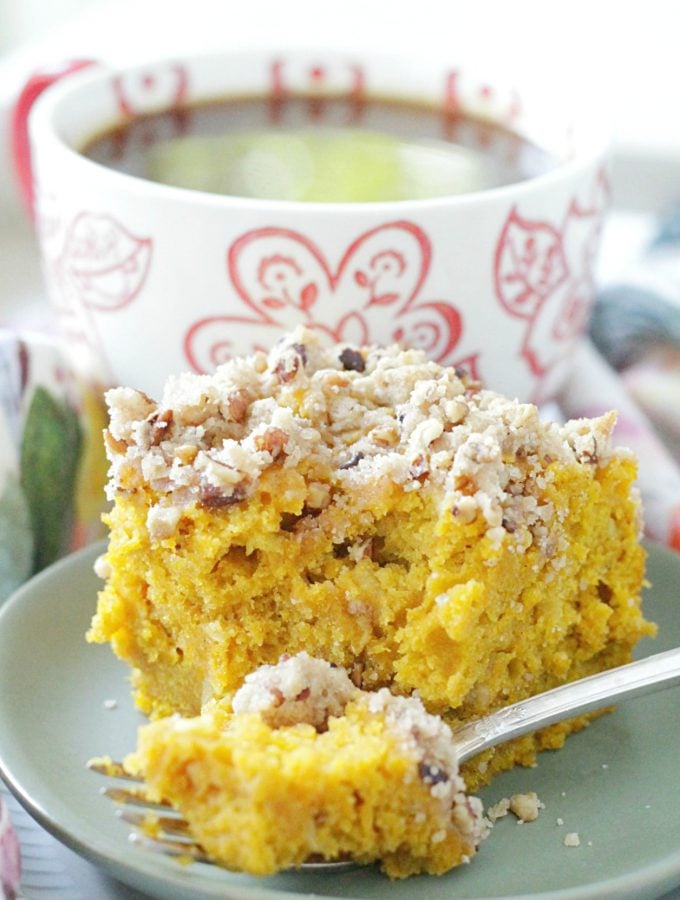 piece of pumpkin apple coffee cake with bite taken