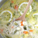 creamy lemon chicken gnocchi soup in pot