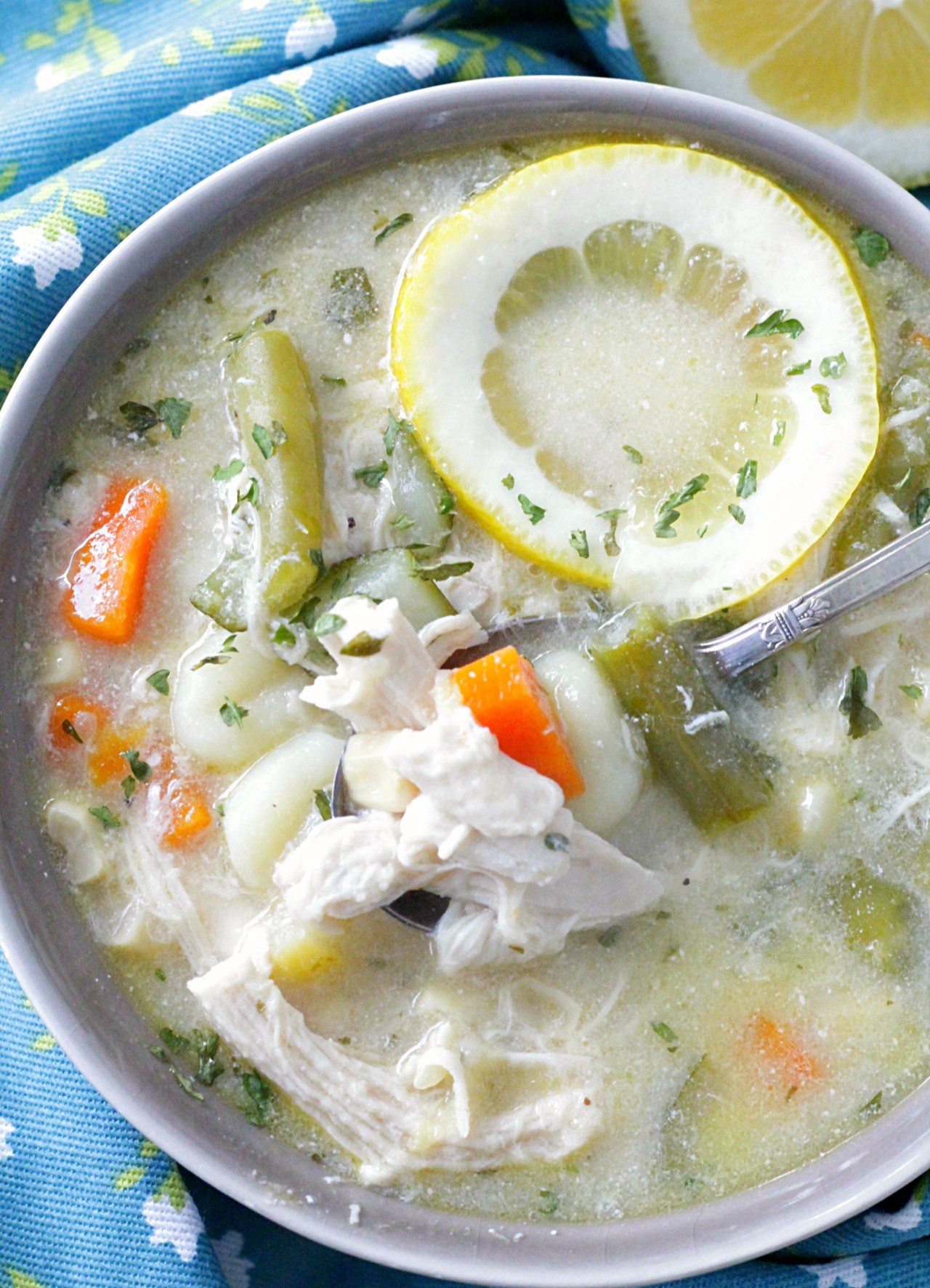 creamy lemon chicken gnocchi soup with lemon slice