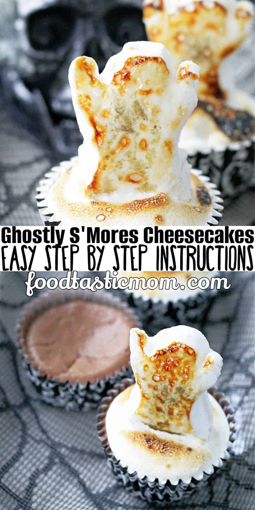 Ghostly S'Mores Cheesecakes are a festive and delicious treat for Halloween, combining graham cracker crust, velvety chocolate cheesecake filling and toasted marshmallow topping. via @foodtasticmom