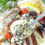 greek chicken rice bowls overhead view