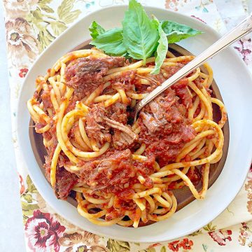 slow cooker short rib sunday gravy overhead shot on plate with fork