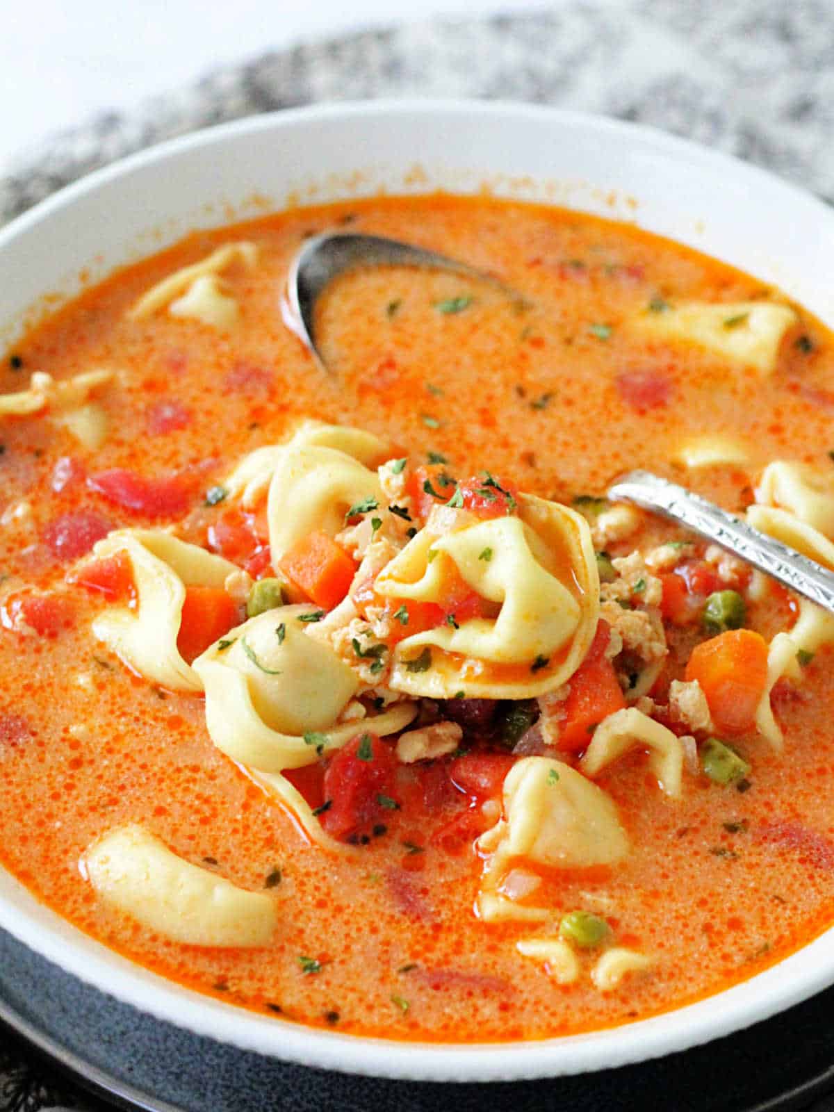 a bowlful of cheese tortellini soup ready to serve
